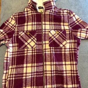 Buffalo plaid button up shirt, jacket with hood